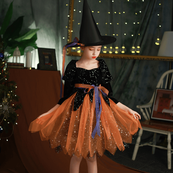 Girls Halloween Costume Dress with Witch Hat