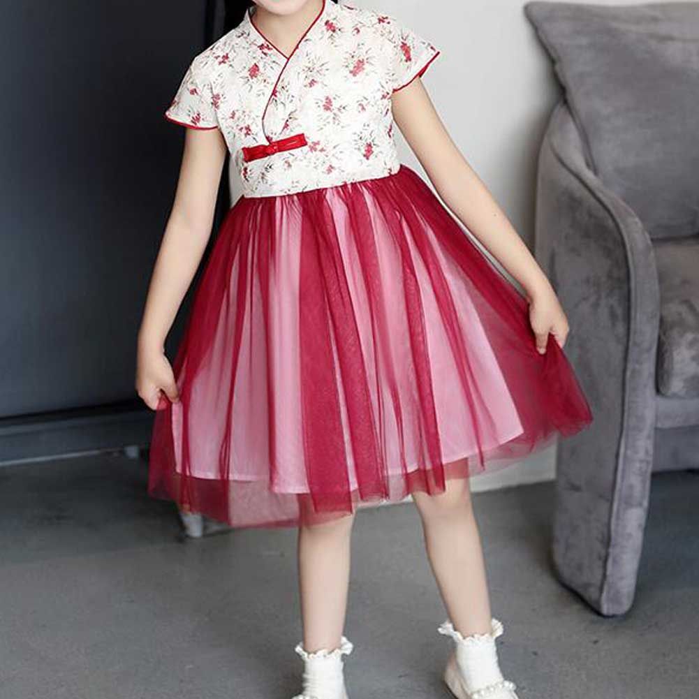 Kids Summer Chinese Style Cheongsam Dress Girls Hanfu Red Flower Princess Tutu Dress