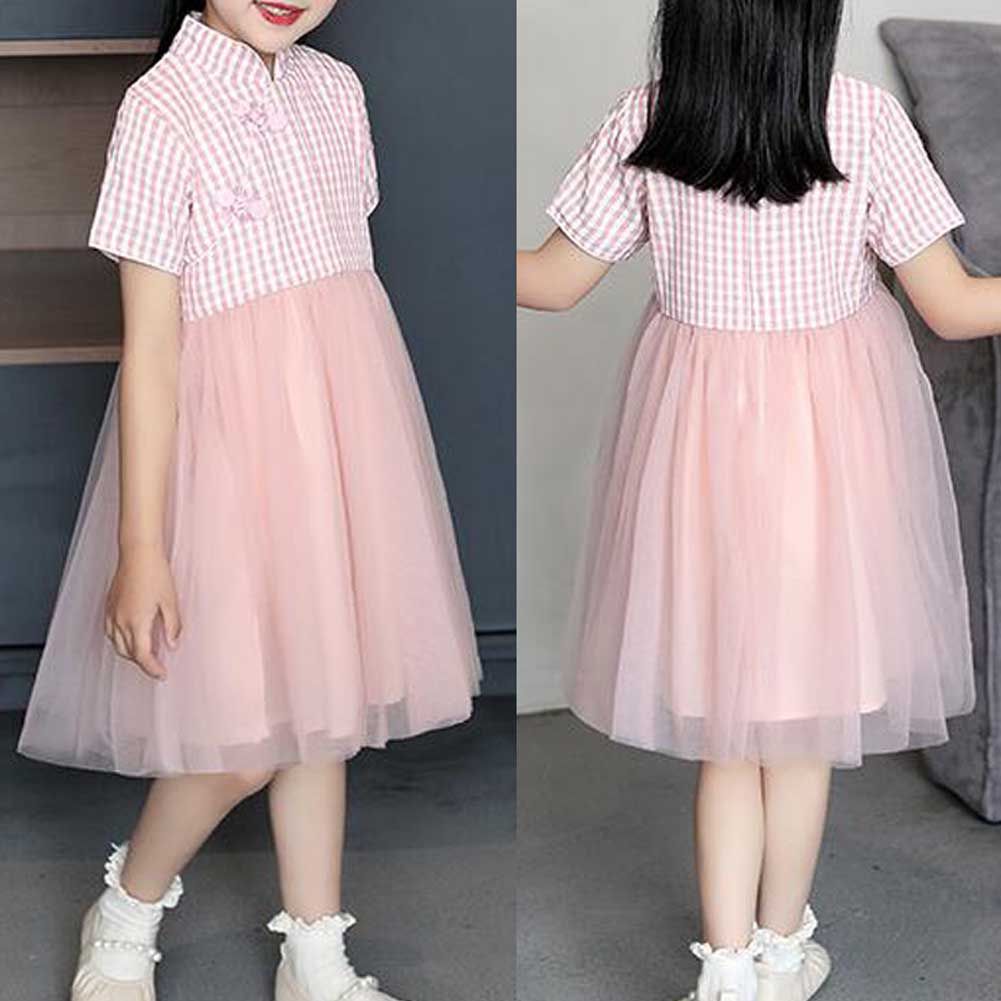 Pink Kids Dress Girls' Gauze Summer Dress Chinese Style Cheongsam Dress Plaid Tutu Princess Dress