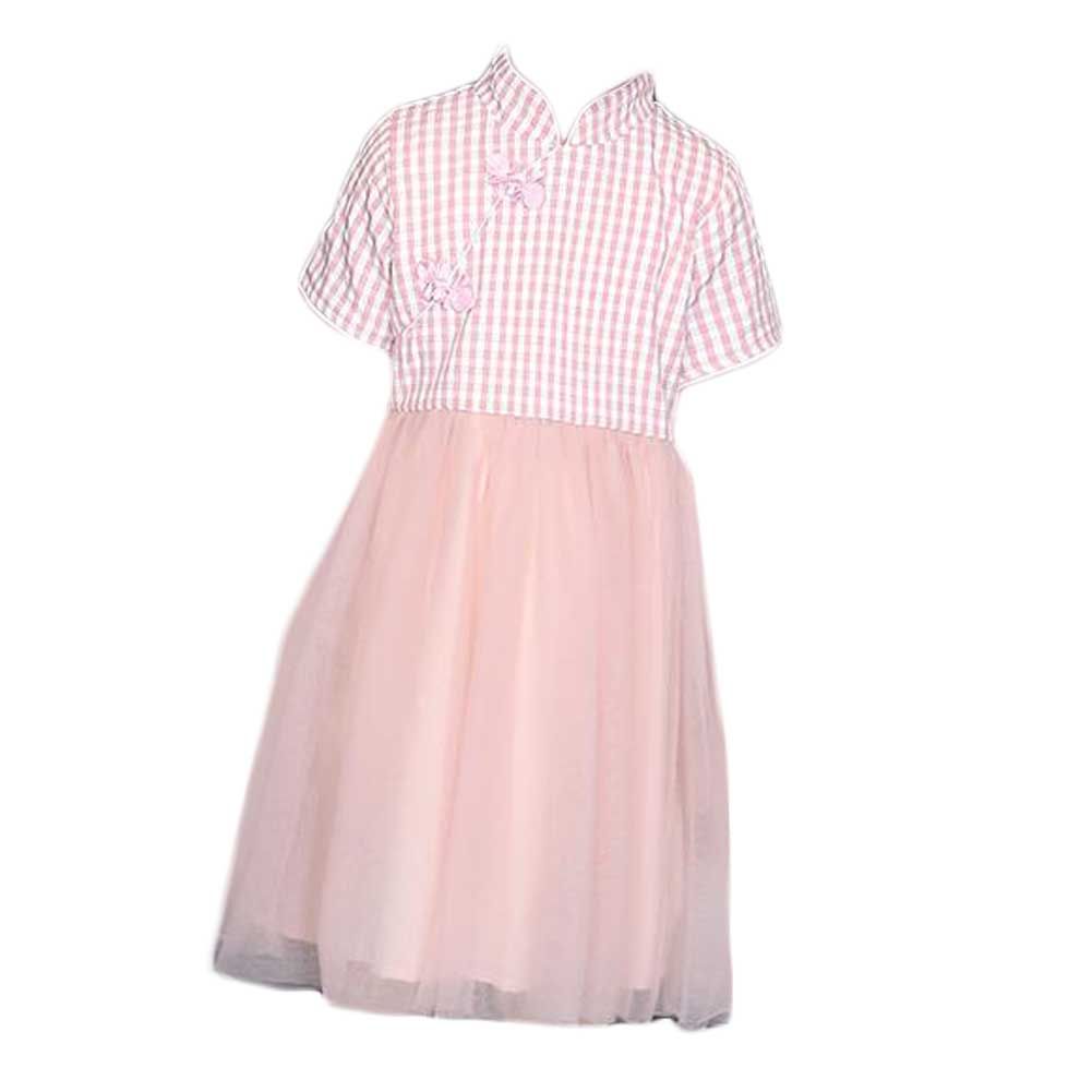 Pink Kids Dress Girls' Gauze Summer Dress Chinese Style Cheongsam Dress Plaid Tutu Princess Dress