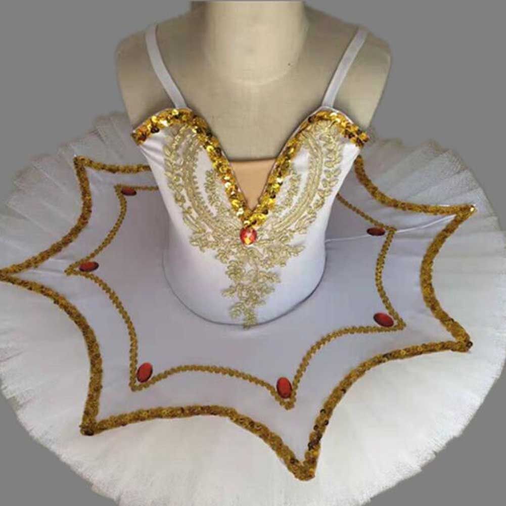 Girls White Ballet Dress Swan Costume Kids Ballet Dress Golden Sequin Ballet Tutu Skirt Dress