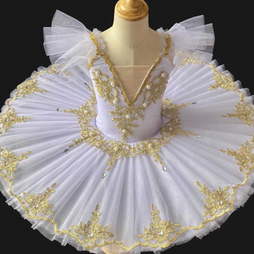 White Girls Ballet Dance Dress Kids Swan Dancing Costume Embroidery Sequin Ballet Tutu Gauze Skirt