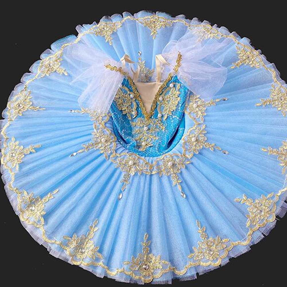 Blue Girls Ballet Dance Dress Kids Swan Dancing Costume Embroidery Sequin Ballet Tutu Gauze Skirt