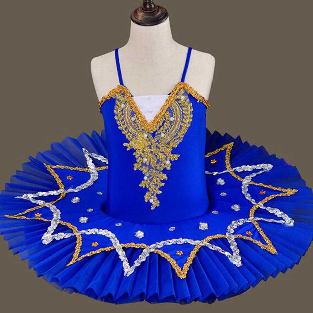 Royal Blue Girls Ballet Dance Dress Swan Costume Dress Golden Sequin Ballet Tutu Gauze Skirt