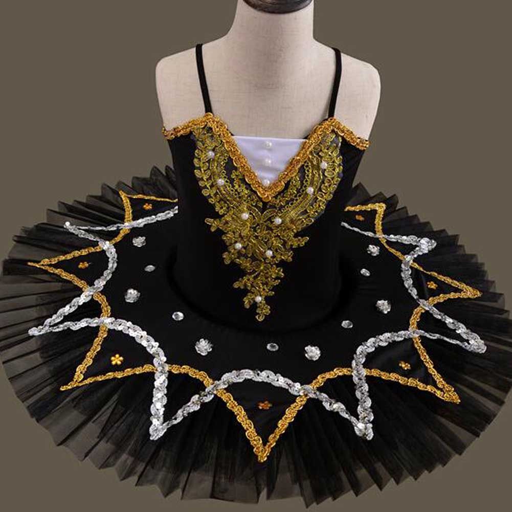 Black Girls Ballet Dance Dress Swan Costume Dress Golden Sequin Ballet Tutu Gauze Skirt