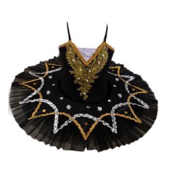 Black Girls Ballet Dance Dress Swan Costume Dress Golden Sequin Ballet Tutu Gauze Skirt