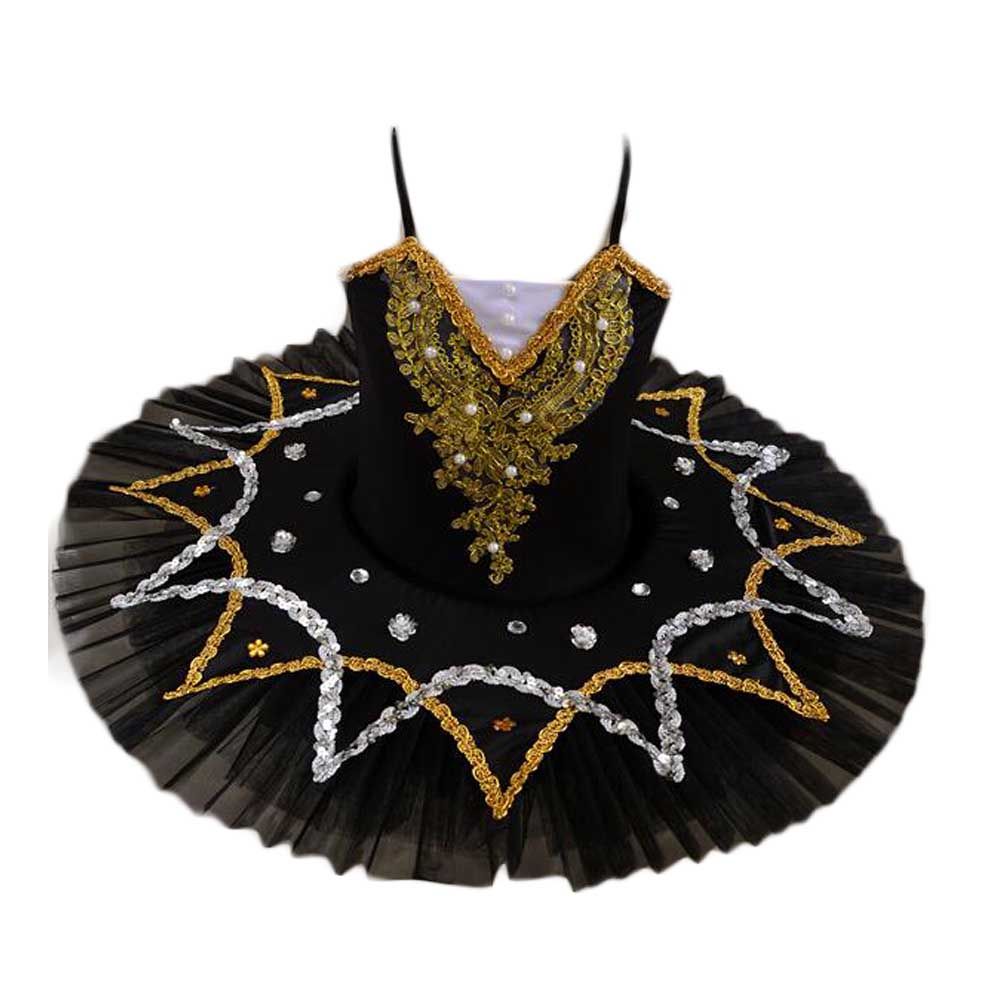 Black Girls Ballet Dance Dress Swan Costume Dress Golden Sequin Ballet Tutu Gauze Skirt