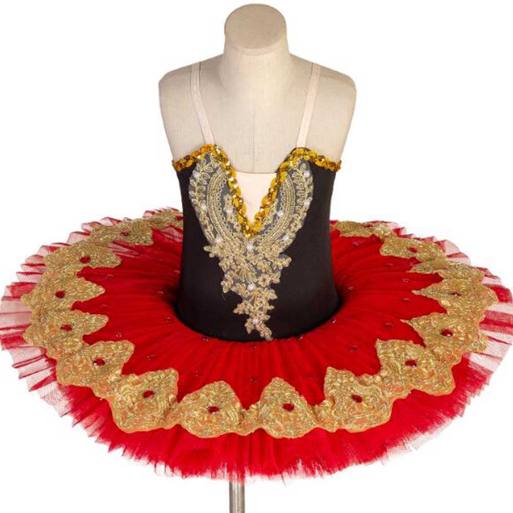 Black Red Ballet Dance Dress Girls Swan Costume Dress Golden Embroidery Sequin Ballet Tutu Skirt