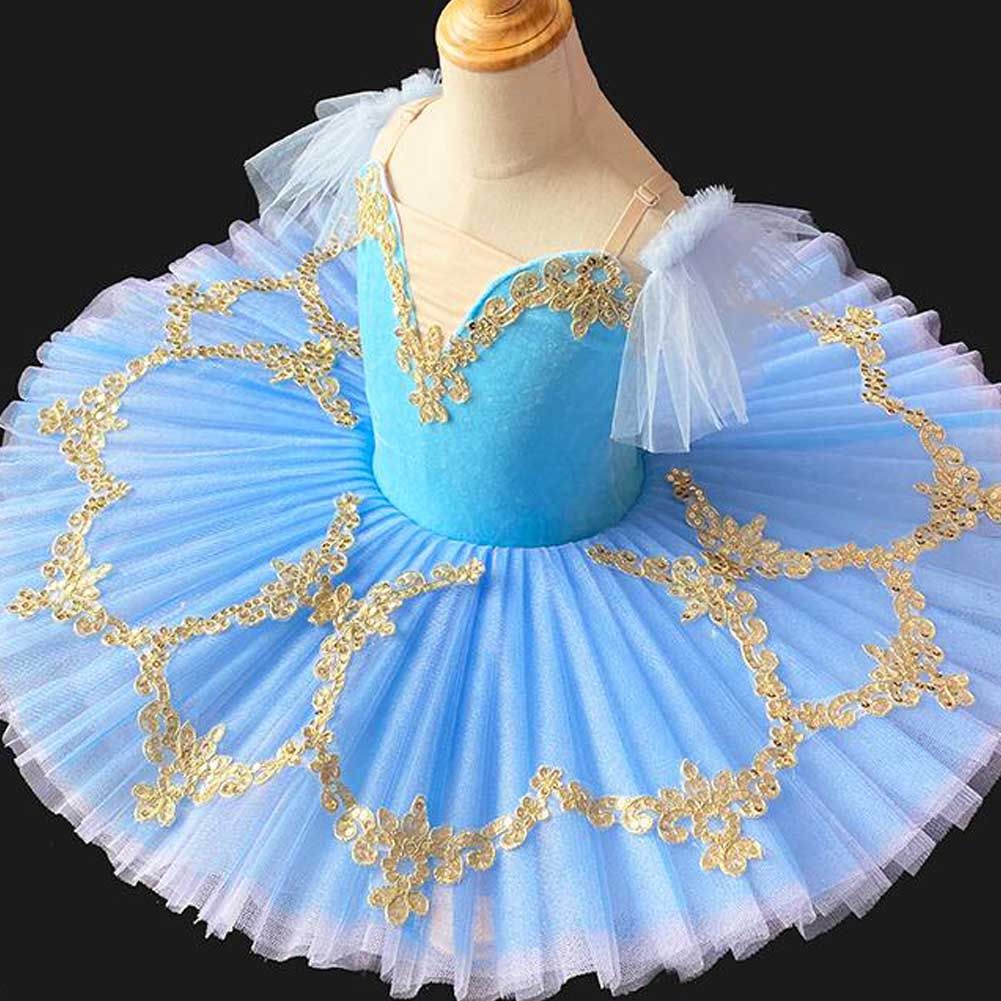 Girls Ballet Tutu Dress Blue Kids Swan Dancing Costume Embroidery Sequin Ballet Dance Gauze Skirt