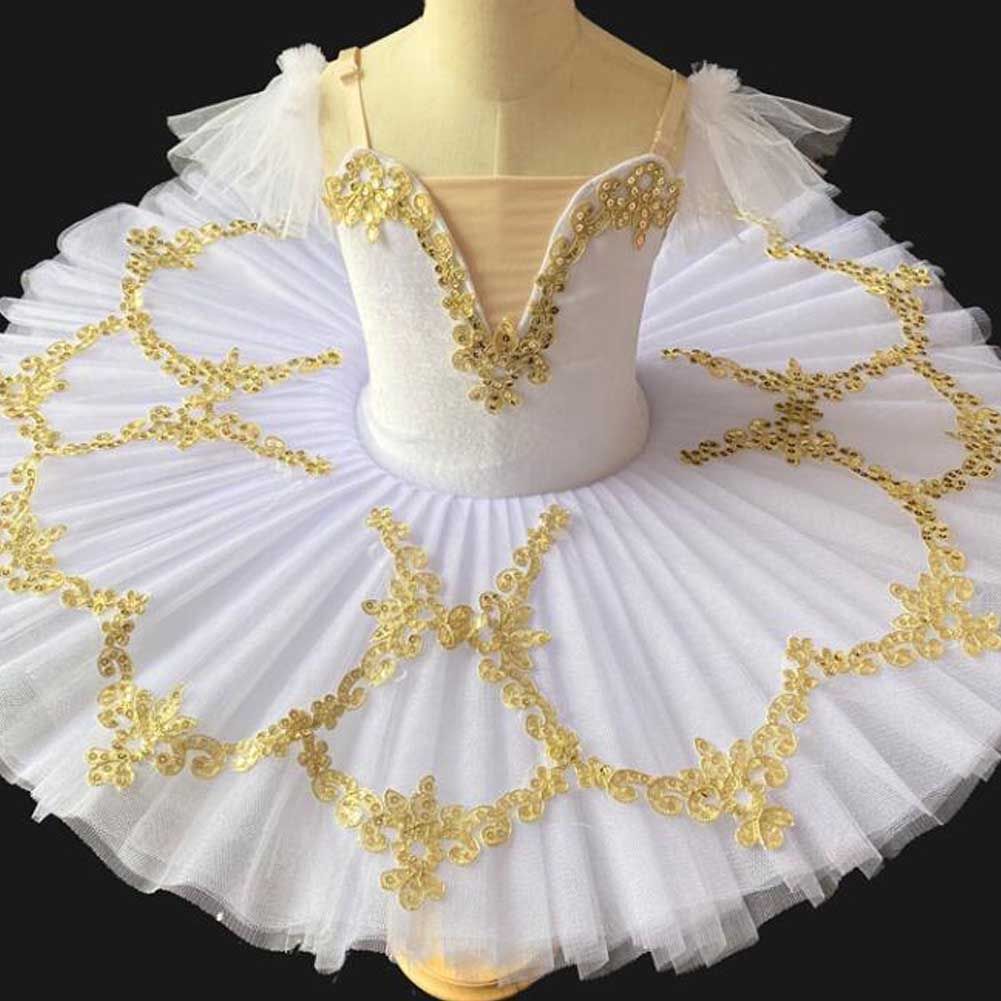 Girls Ballet Tutu Dress White Kids Swan Dancing Costume Embroidery Sequin Ballet Dance Gauze Skirt
