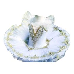 Girls Ballet Dance Dress Kids Swan Costume Dress Embroidery Golden Sequin Ballet Tutu Gauze Skirt White