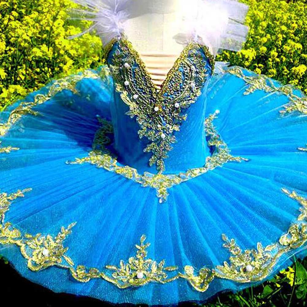 Blue Girls Ballet Dance Dress Kids Swan Costume Dress Embroidery Golden Sequin Ballet Tutu Gauze Skirt