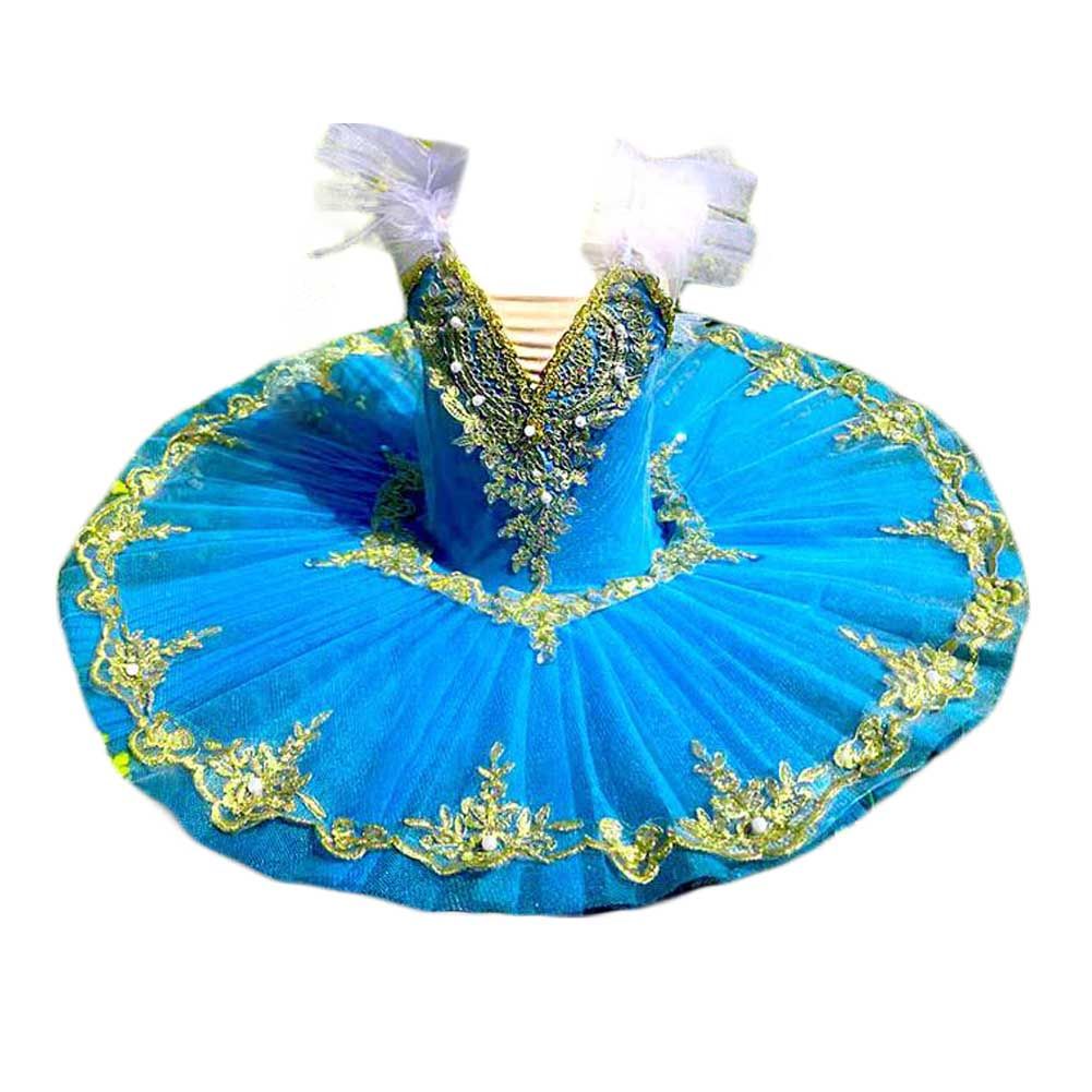Blue Girls Ballet Dance Dress Kids Swan Costume Dress Embroidery Golden Sequin Ballet Tutu Gauze Skirt