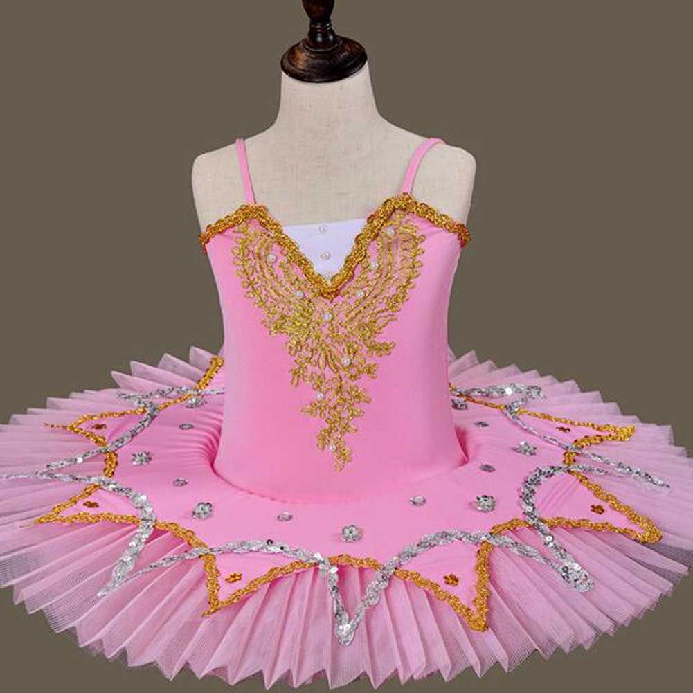 Pink Girls Ballet Dance Dress Swan Costume Dress Golden Sequin Ballet Tutu Gauze Skirt