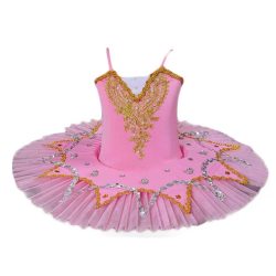 Pink Girls Ballet Dance Dress Swan Costume Dress Golden Sequin Ballet Tutu Gauze Skirt