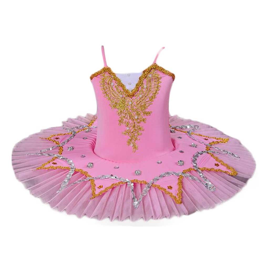 Pink Girls Ballet Dance Dress Swan Costume Dress Golden Sequin Ballet Tutu Gauze Skirt