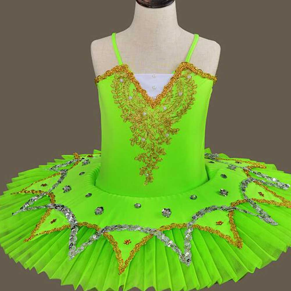 Fluorescent Green Girls Ballet Dance Dress Swan Costume Dress Golden Sequin Ballet Tutu Gauze Skirt