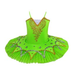 Fluorescent Green Girls Ballet Dance Dress Swan Costume Dress Golden Sequin Ballet Tutu Gauze Skirt
