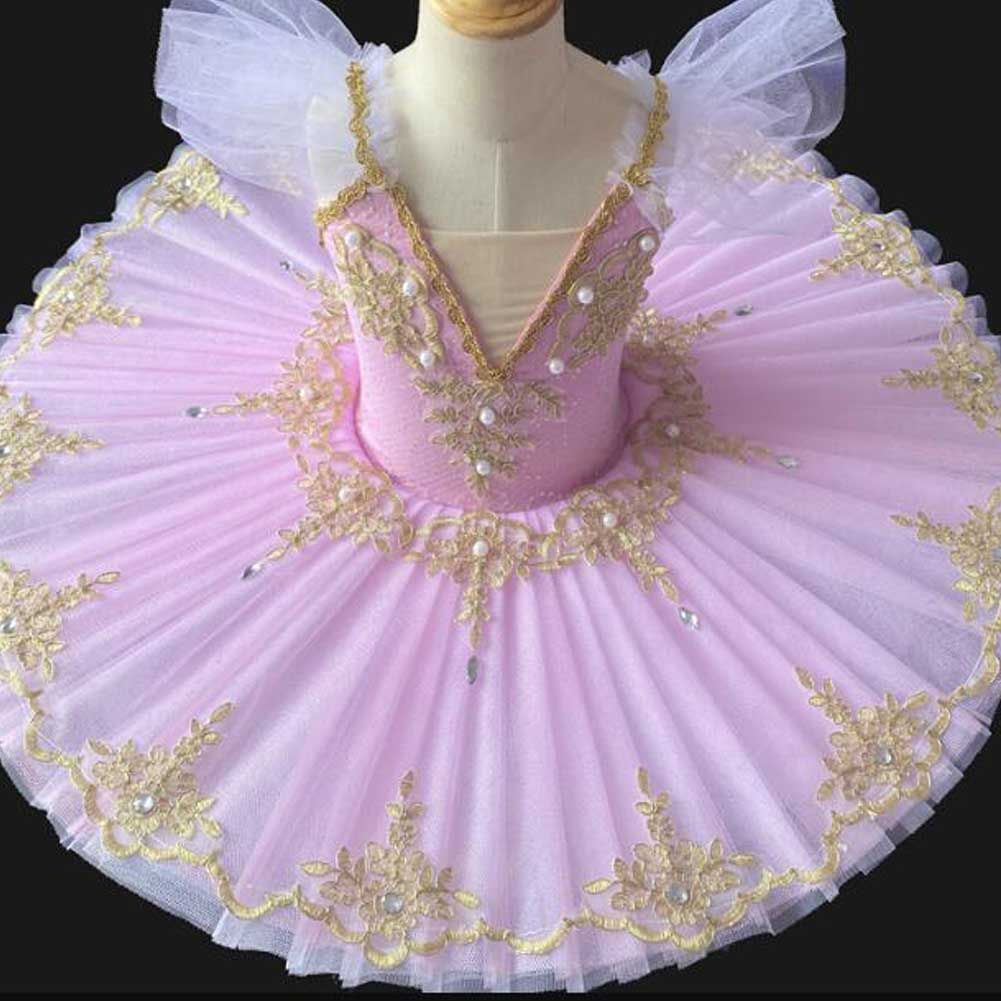 Pink Girls Ballet Dance Dress Kids Swan Dancing Costume Embroidery Sequin Ballet Tutu Gauze Skirt