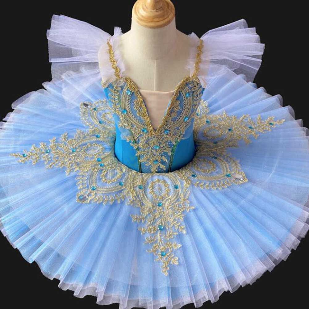Blue Girls Ballet Tutu Dance Dress Kids Swan Dancing Costume Embroidery Sequin Ballet Gauze Skirt