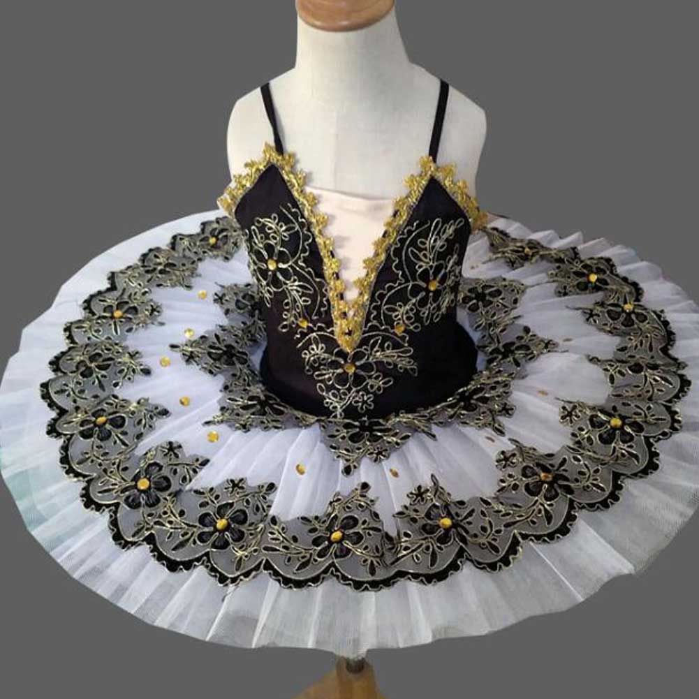 Girls Ballet Tutu Dress Embroidery Sequin Ballet Dance Gauze Skirt Black White Swan Dancing Costume