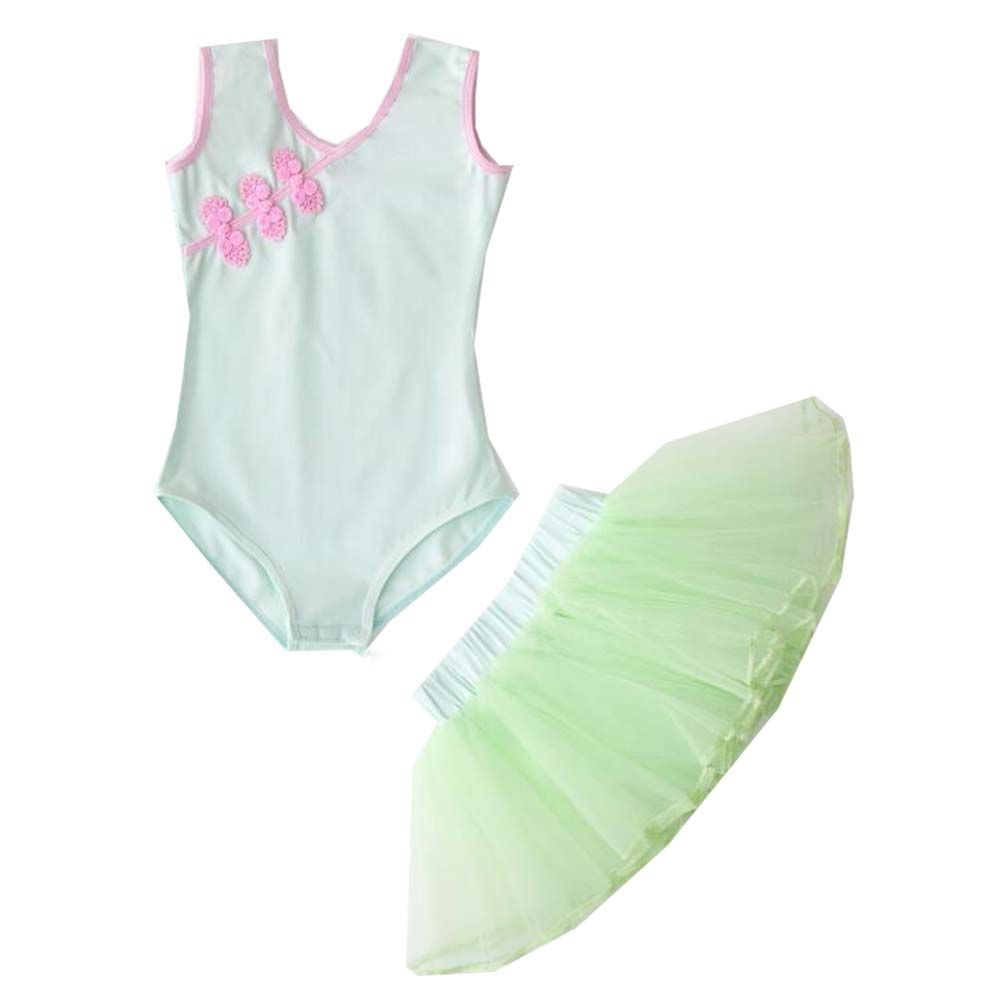 Girls Ballet Dance Leotard Chinese Dance Tutu Skirt Kids Practice Dress Set, Green