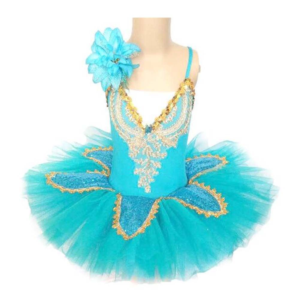Flower Swan Ballet Dance Costume Sequin Ballet Tutu Skirt Girls Performance Clothing, Turquoise