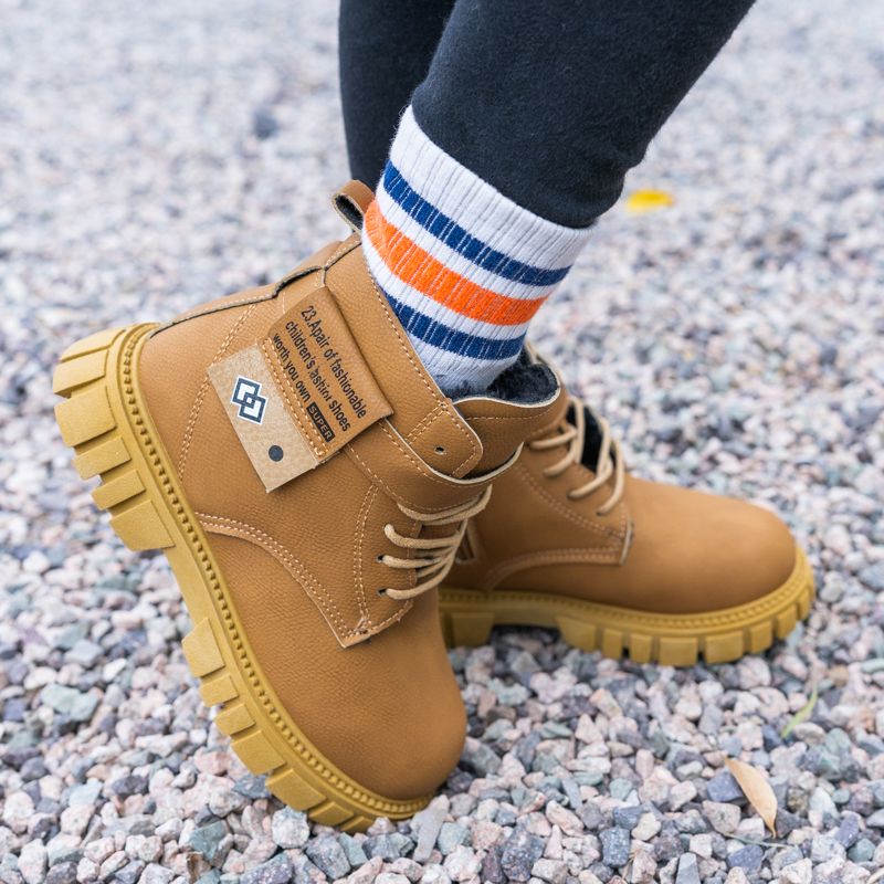 1 Pair Kids Mid-Calf Boots -Street Fashion Style, Faux Leather Upper, Fleece-Lined Warm, Non-Slip Rubber Sole, Zipper Closure, Round Toe, for Boys & Girls, Ages 14 and Under, Outdoor Activities