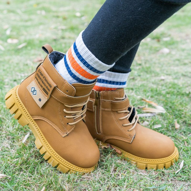 1 Pair Kids Mid-Calf Boots -Street Fashion Style, Faux Leather Upper, Fleece-Lined Warm, Non-Slip Rubber Sole, Zipper Closure, Round Toe, for Boys & Girls, Ages 14 and Under, Outdoor Activities