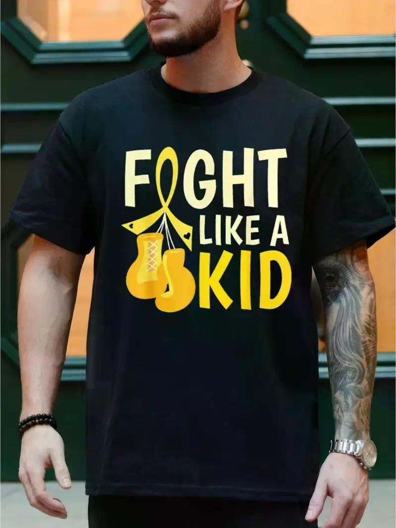 KID Graphic Print Men's Fashion T-Shirt, Trendy Pure Cotton Top with Short Sleeves, Round Comfortable Collar T-shirt